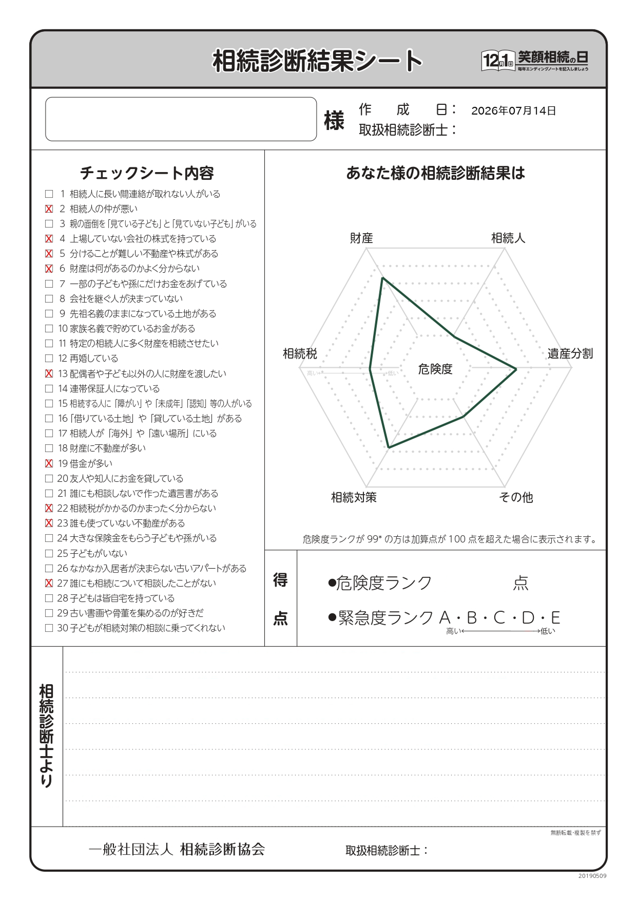相続診断結果シートの例